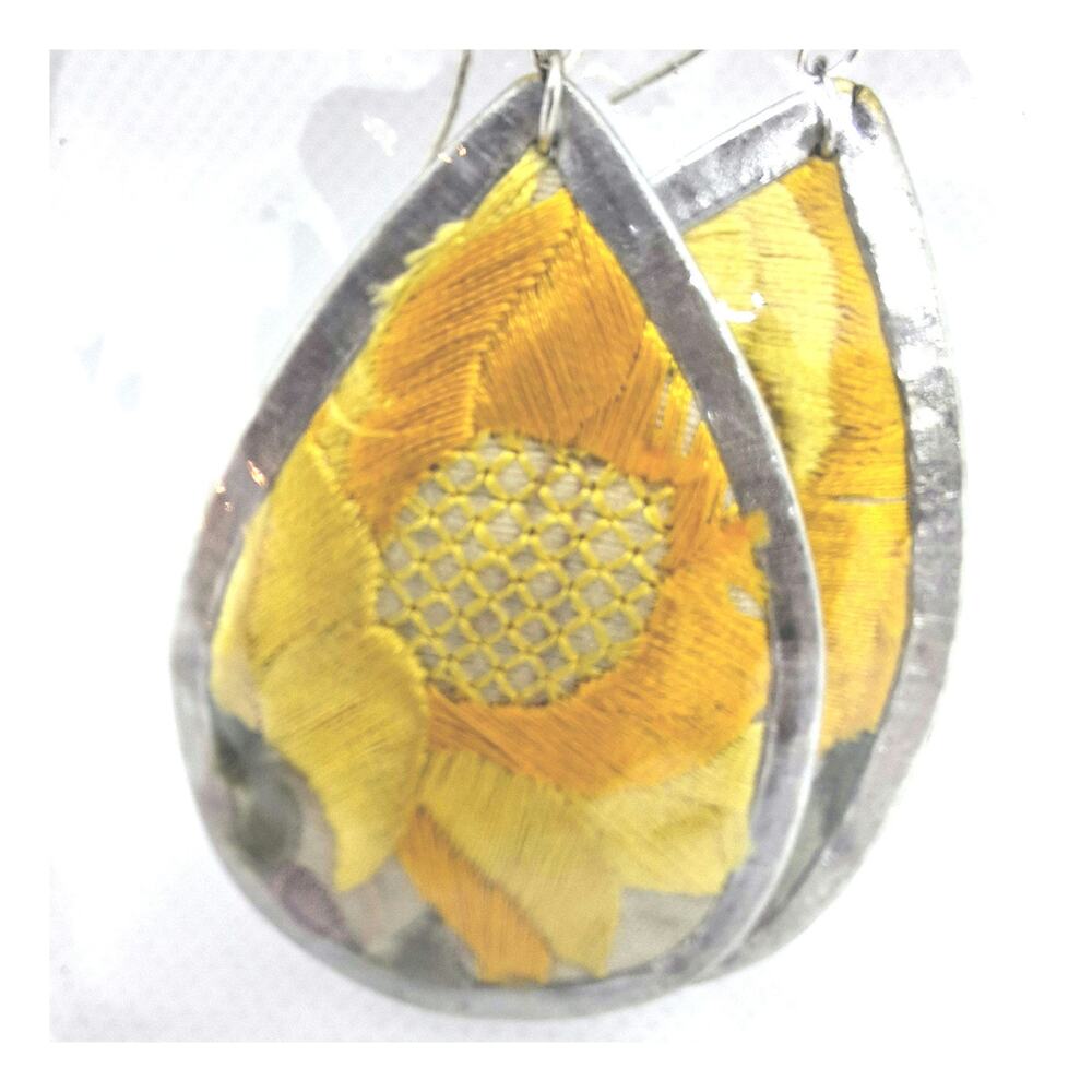 Yellow Flower Embroidered Teardrop Earring Silver Tone Fishhook Ear Wires